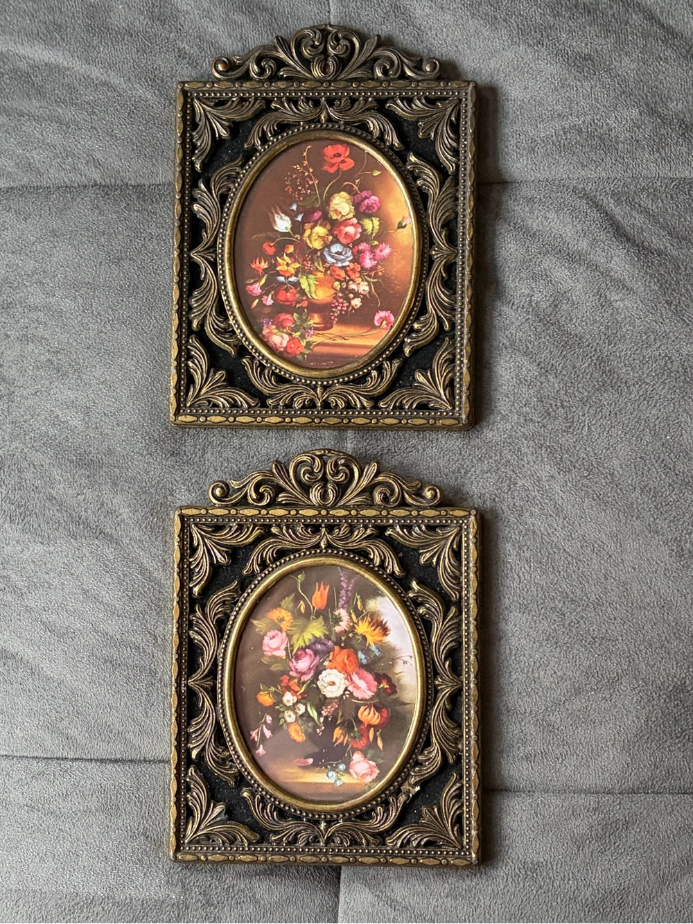 Vintage Floral Prints Ornate Metal Frames Made In Italy Set of 2